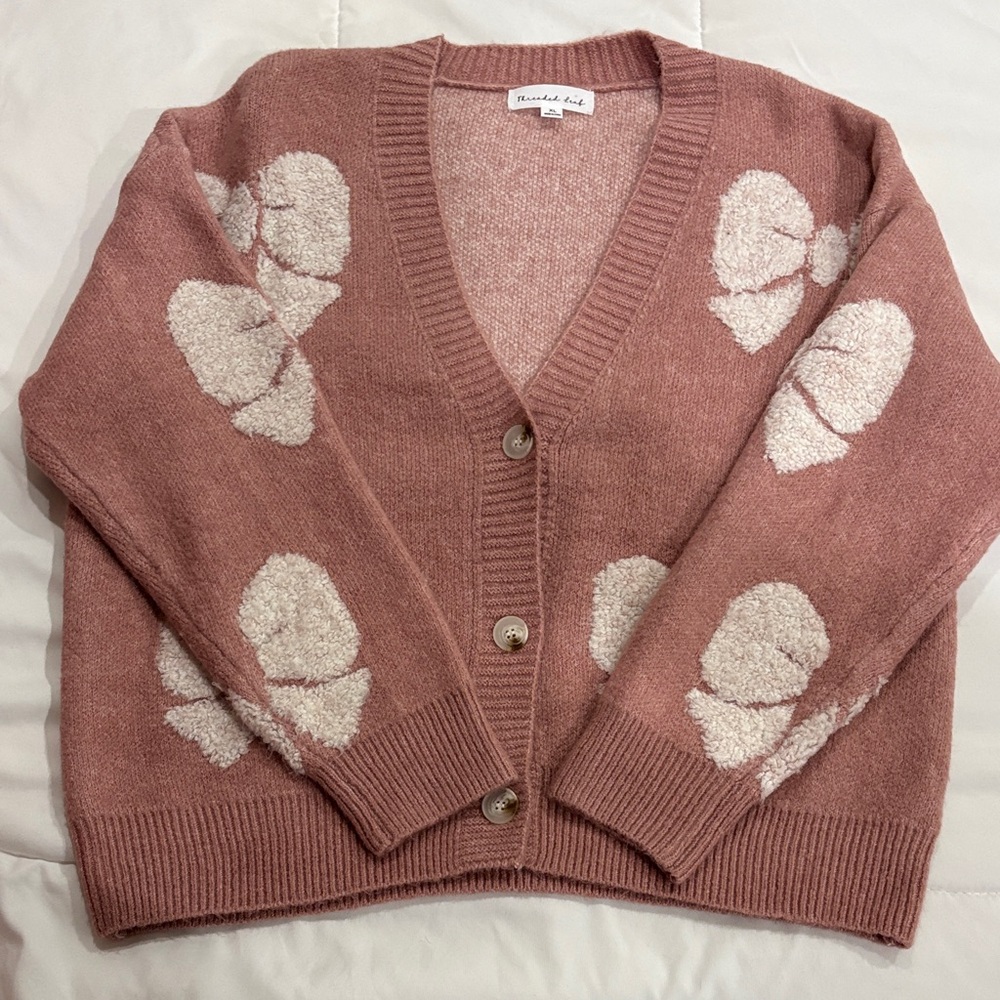 Pink Bow Patterned Cardigan Sweater